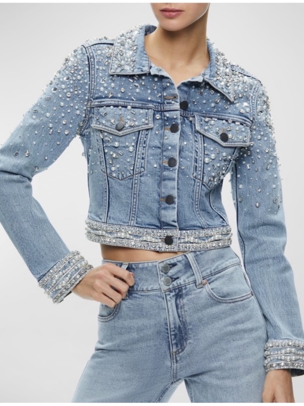 ALICE + OLIVIA $895 Nelson Embellished Light Wash Denim Jacket
